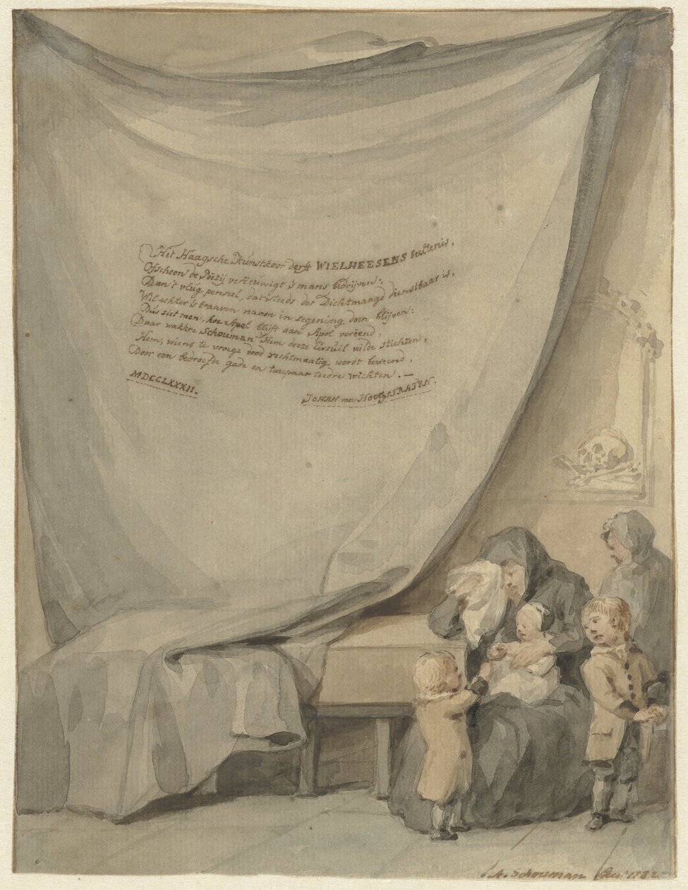 Vedova con quattro bambini vicino a una bara da Aert Schouman