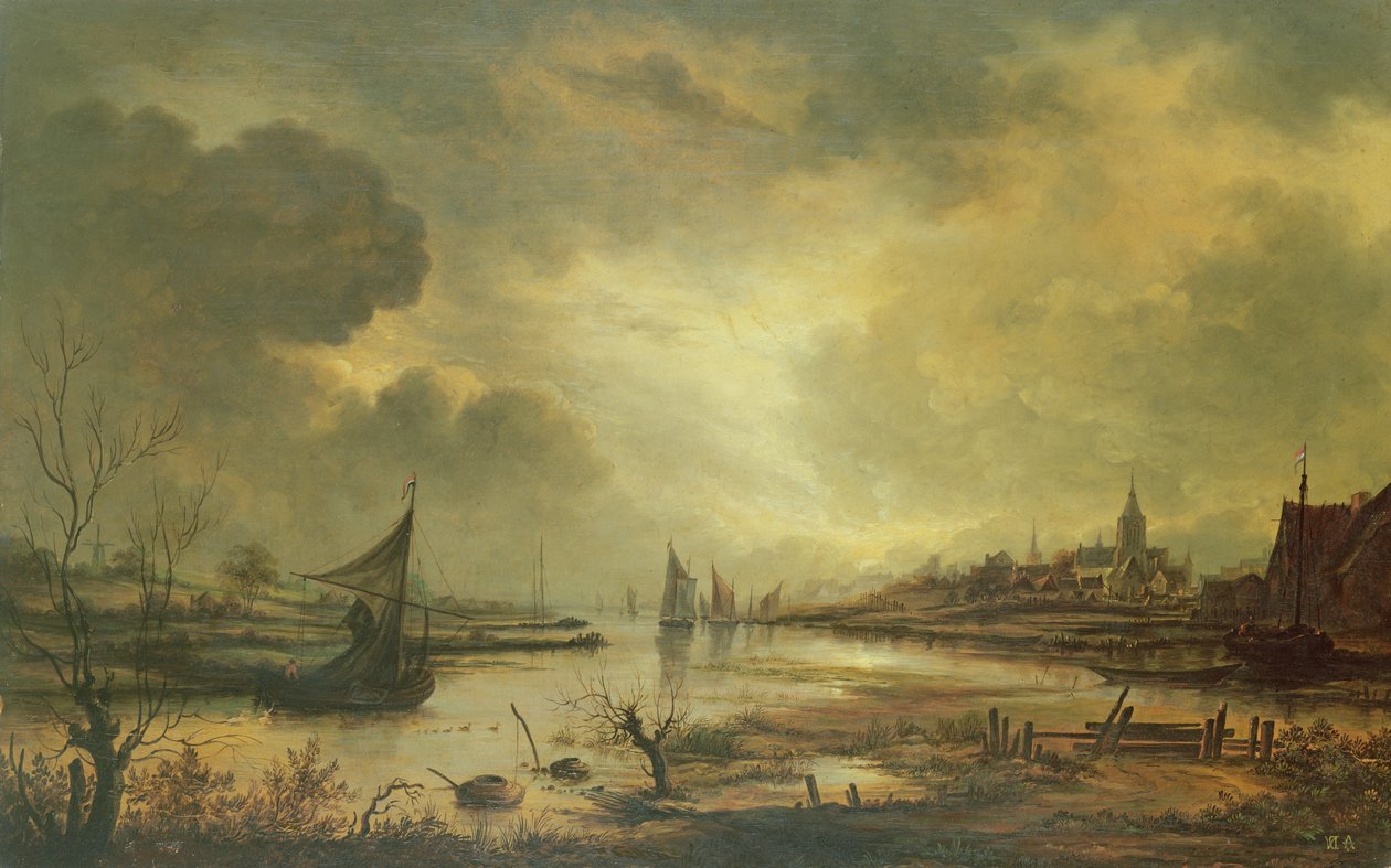 Città olandese su un fiume al chiaro di luna da Aert van der Neer