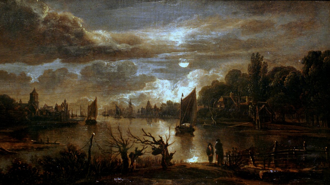 Tedesco: Mondscheinlandschaft mit breitem Kanal Paesaggio lunare con ampio ruscello da Aert van der Neer