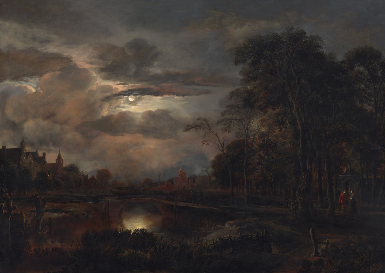 Paesaggio al chiaro di luna con ponte da Aert van der Neer
