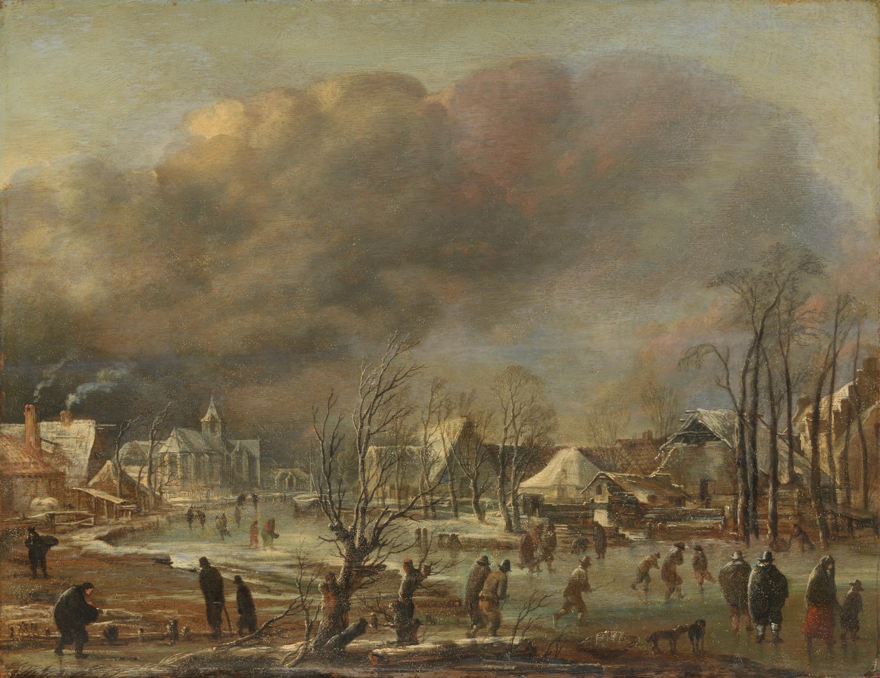 Nevicata su un villaggio accanto a un canale ghiacciato da Aert van der Neer