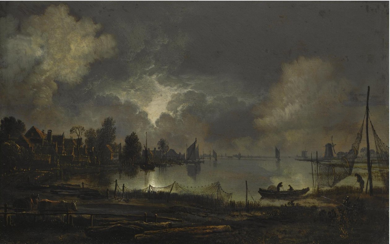 Vista di una città lacustre al chiaro di luna, con reti stese ad asciugare da Aert van der Neer