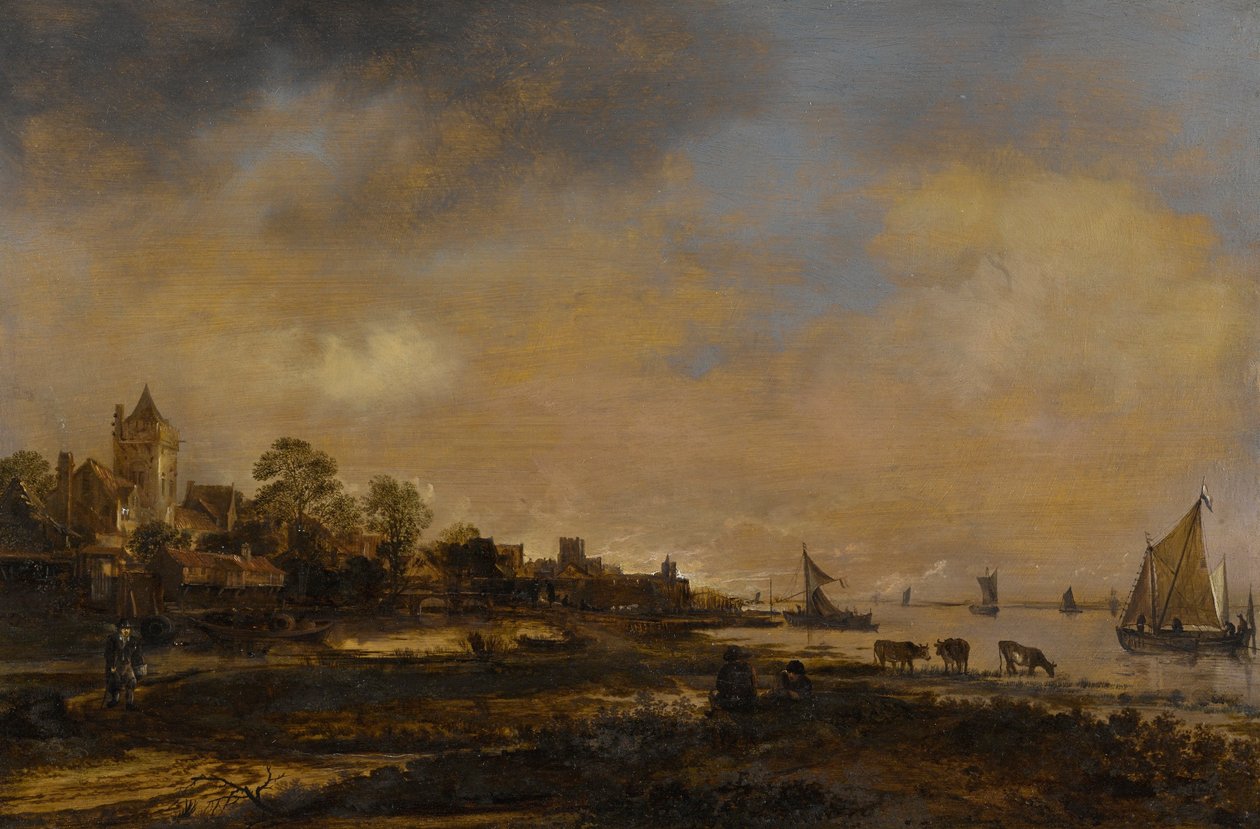 Ampio paesaggio fluviale con castello e villaggio da Aert van der Neer