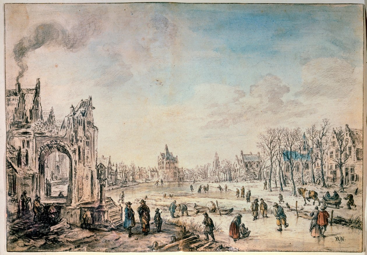Paesaggio invernale con pattinatori, pittura olandese del XVII secolo da Aert van der Neer