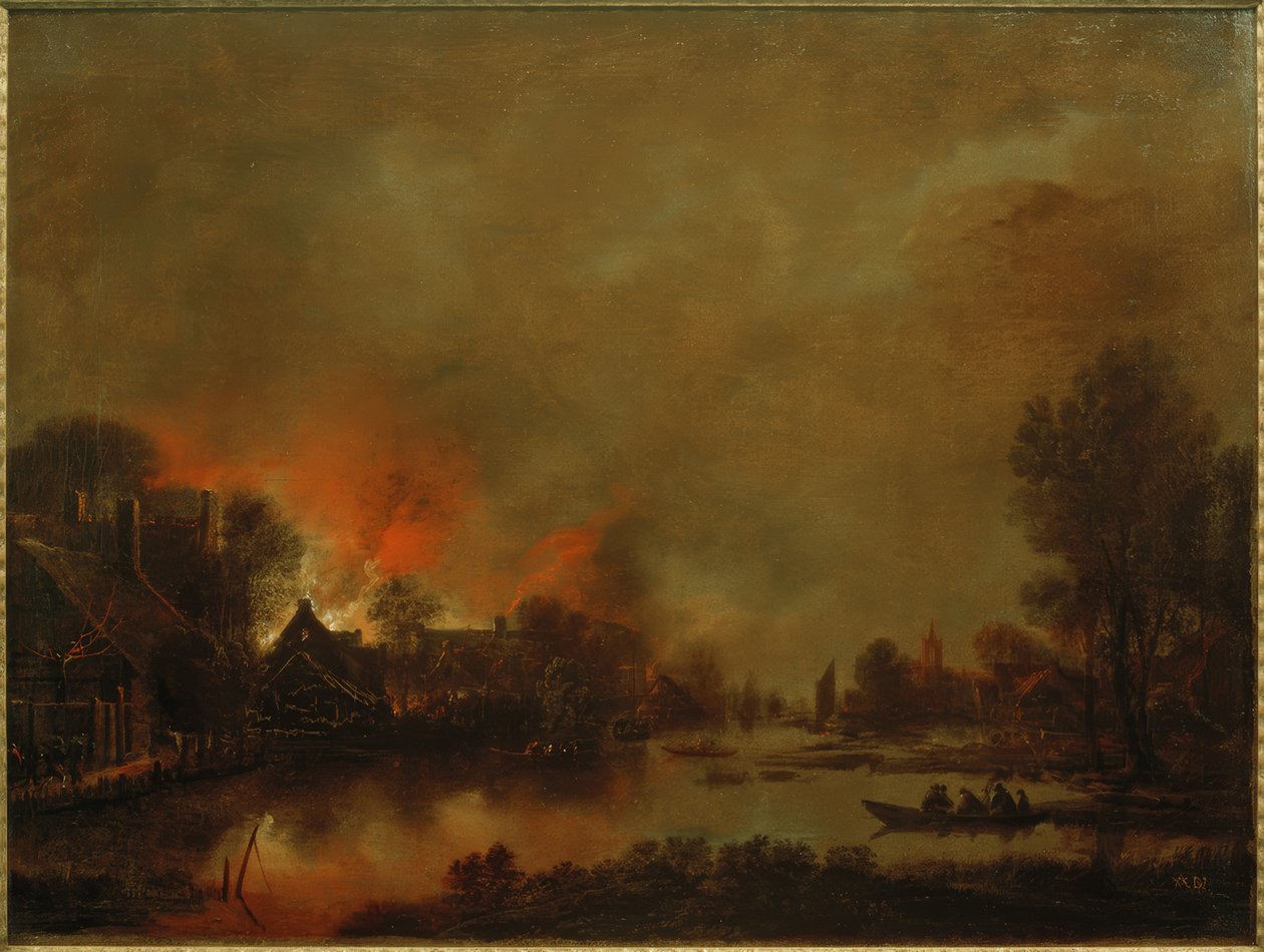 Paesaggio notturno con canale e incendio in un villaggio da Aert van der Neer der Ältere