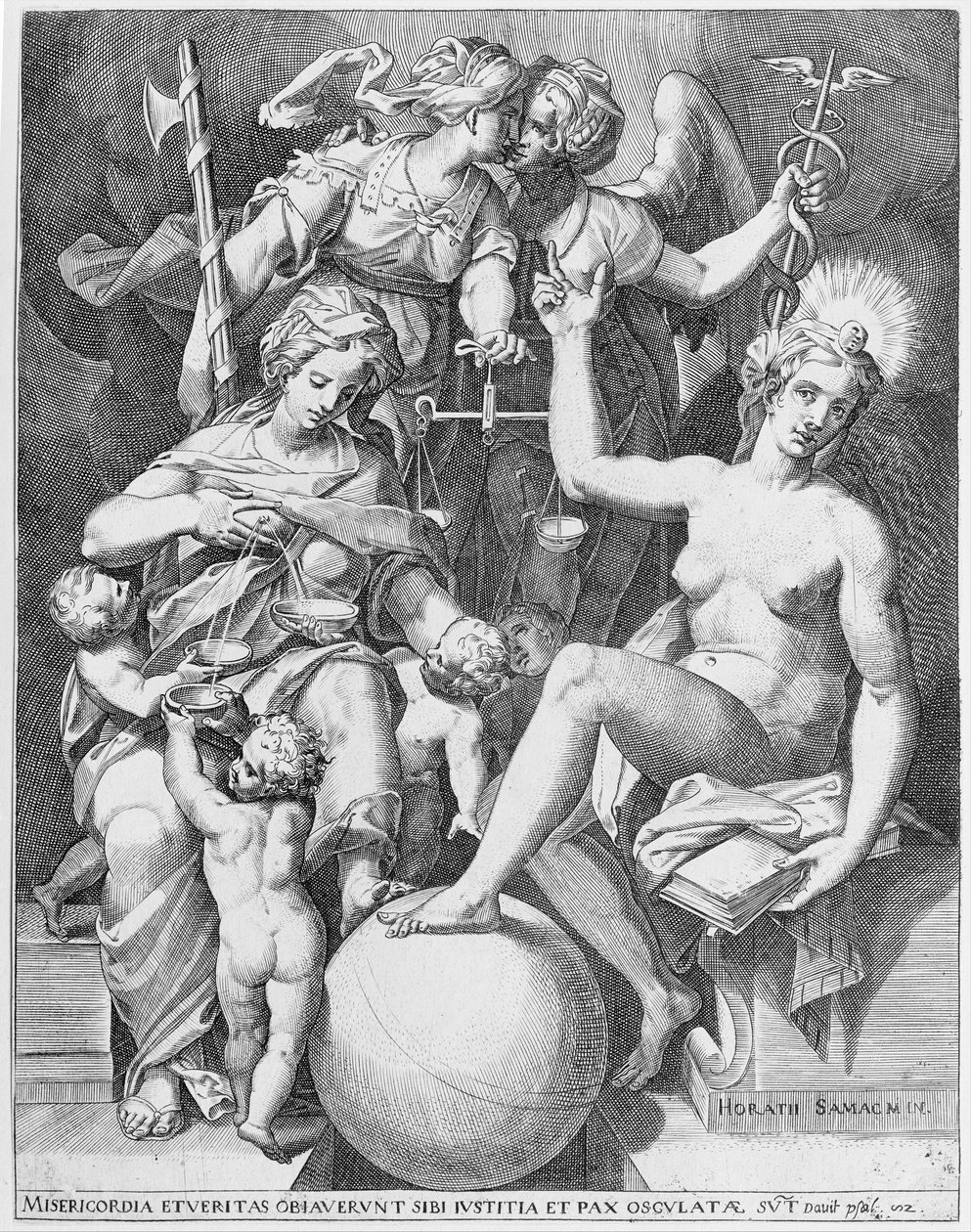 Allegoria del Salmo di Davide, Misericordia seduta a sinistra che nutre quattro bambini, 1579 da After Agostino Carracci.