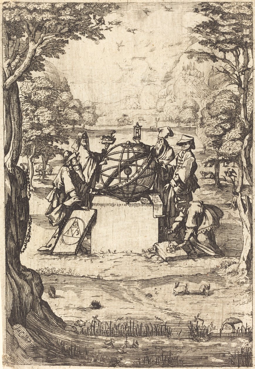 Frontespizio per la Sacra Cosmologia (Titolo con astrologi) da After Jacques Callot