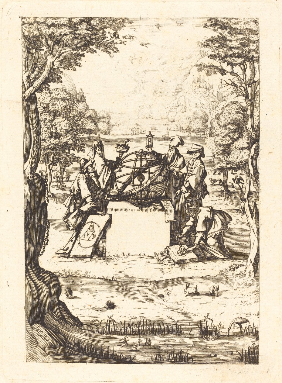 Frontespizio per la Sacra Cosmologia (Titolo con astrologi) da After Jacques Callot