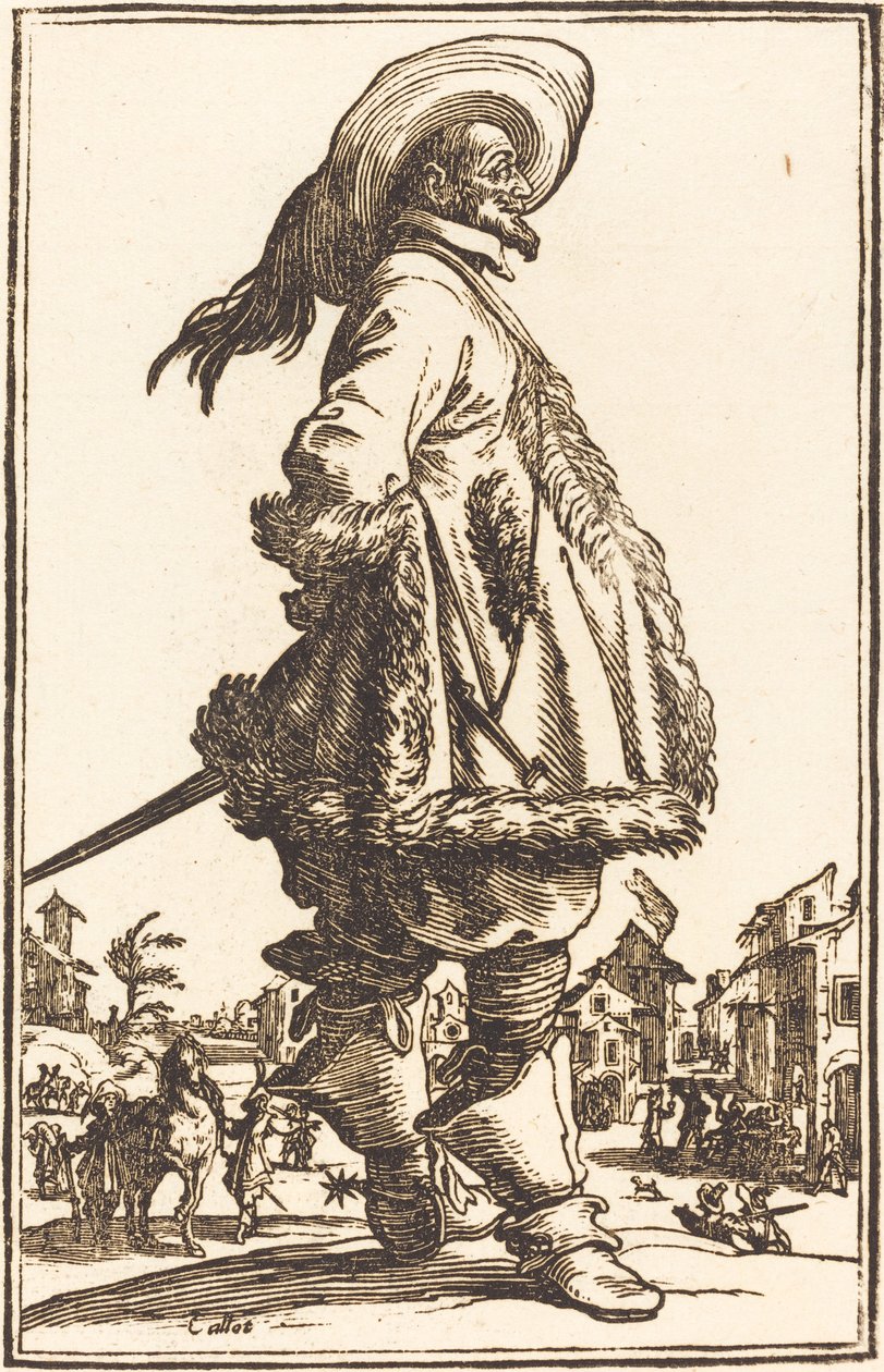 Nobile con mantello bordato di pelliccia, con le mani dietro la schiena da After Jacques Callot