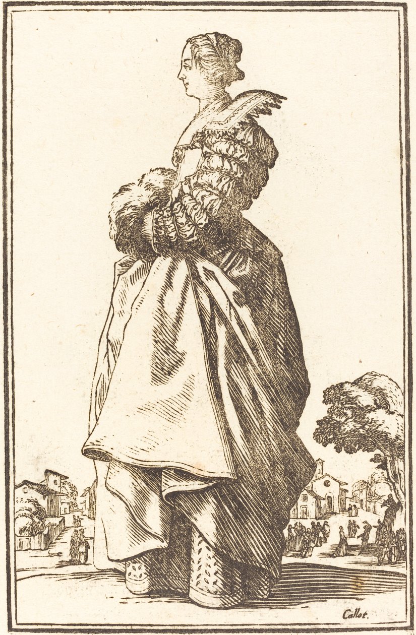 Nobile donna di profilo con le mani in un manicotto da After Jacques Callot