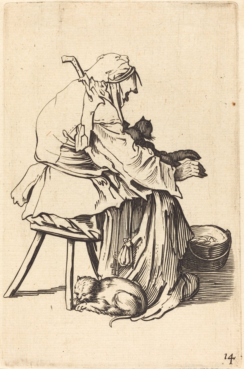 Vecchia donna con gatti da After Jacques Callot
