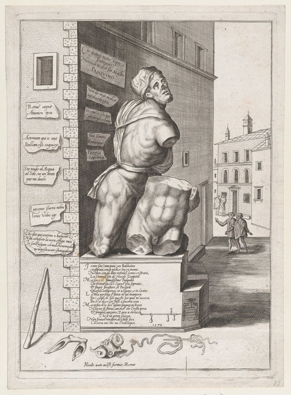 Statua di Pasquino nella casa del cardinale Ursino, pubblicata dopo il 1582 da After Nicolas Beatrizet.