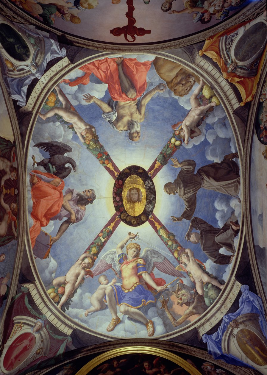 Il soffitto della Cappella di Eleonora di Toledo raffigurante San Michele Arcangelo che conquista Satana; San Giovanni Evangelista; San Girolamo; e San Francesco che riceve le stimmate, 1555 da Agnolo Bronzino