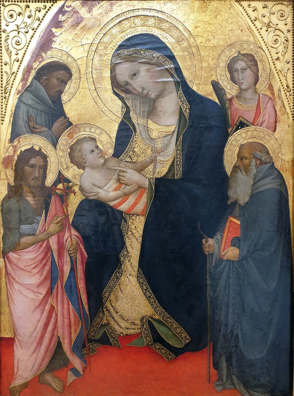Tedesco: Maria mit dem Kind und den Heiligen Johannes der Täufer, Franziskus, Antonius Abbas und einer weiblichen Märtyrerin Madonna con il bambino, San Giovanni Battista, San Francesco e Sant