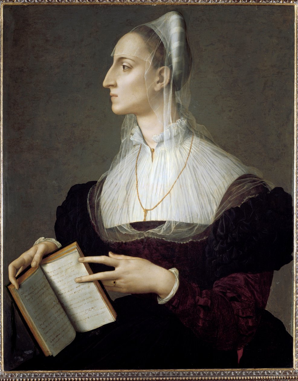 Ritratto della poetessa italiana Laura Battiferri che legge i sonetti di Petrarca da Agnolo Bronzino