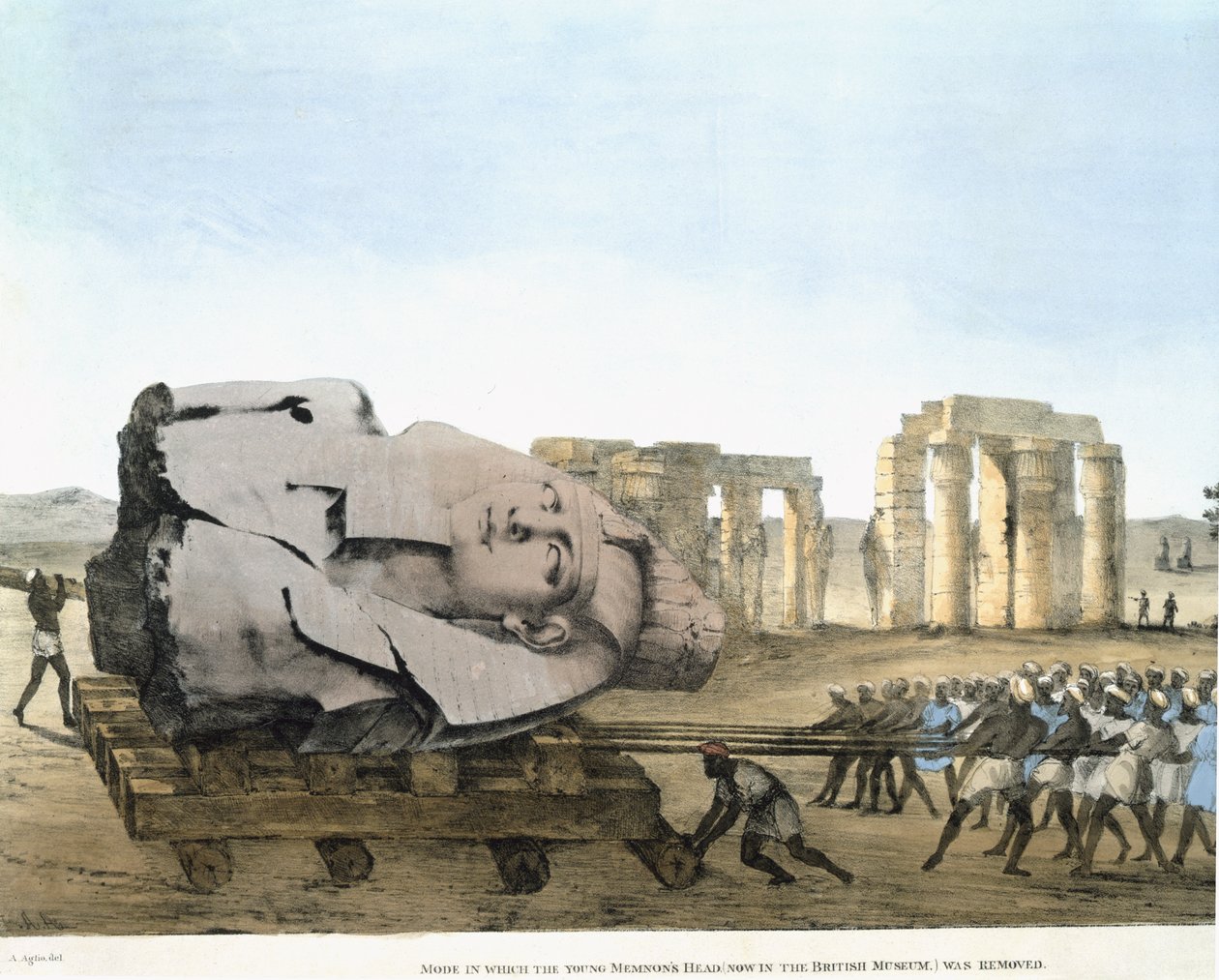 Modo in cui la testa del giovane Memnone è stata rimossa, da Piatti illustrativi delle ricerche in Egitto e Nubia. Belzoni, Giovanni Battista. Aglio, Agostino (1777-1857) Pubblicato 1820-22 da Agostino Aglio