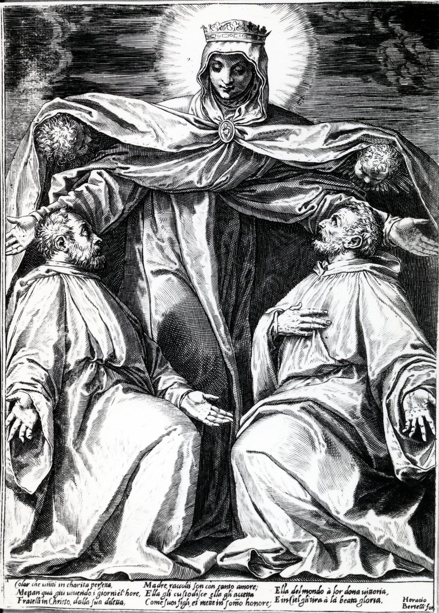 Madonna che protegge due membri di una confraternita, stampa di Horatio Bertelli, 1582 da Agostino Carracci