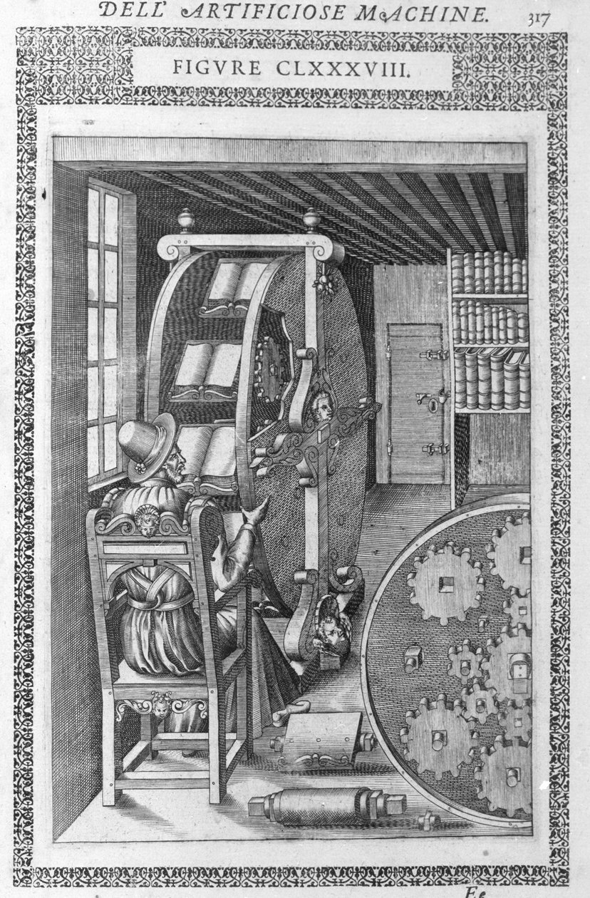 Biblioteca automatica. Basata su un progetto di Agostino Ramelli in "Diverse e Artificiose Macchine" e Milano 1600 da Agostino (after) Ramelli