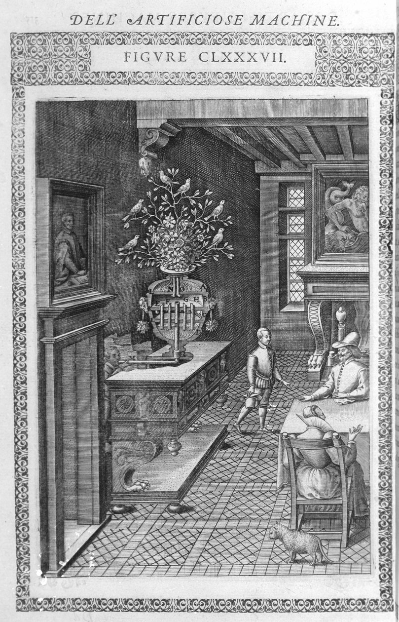 Fontana con uccelli finti che cantano. Questo è un progetto di Agostino Ramelli, secondo "Diverse e Artificiose Macchine". Milano 1600 da Agostino (after) Ramelli