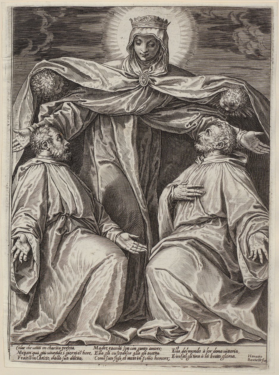 Una Madonna con mantello protettivo e due frati dell