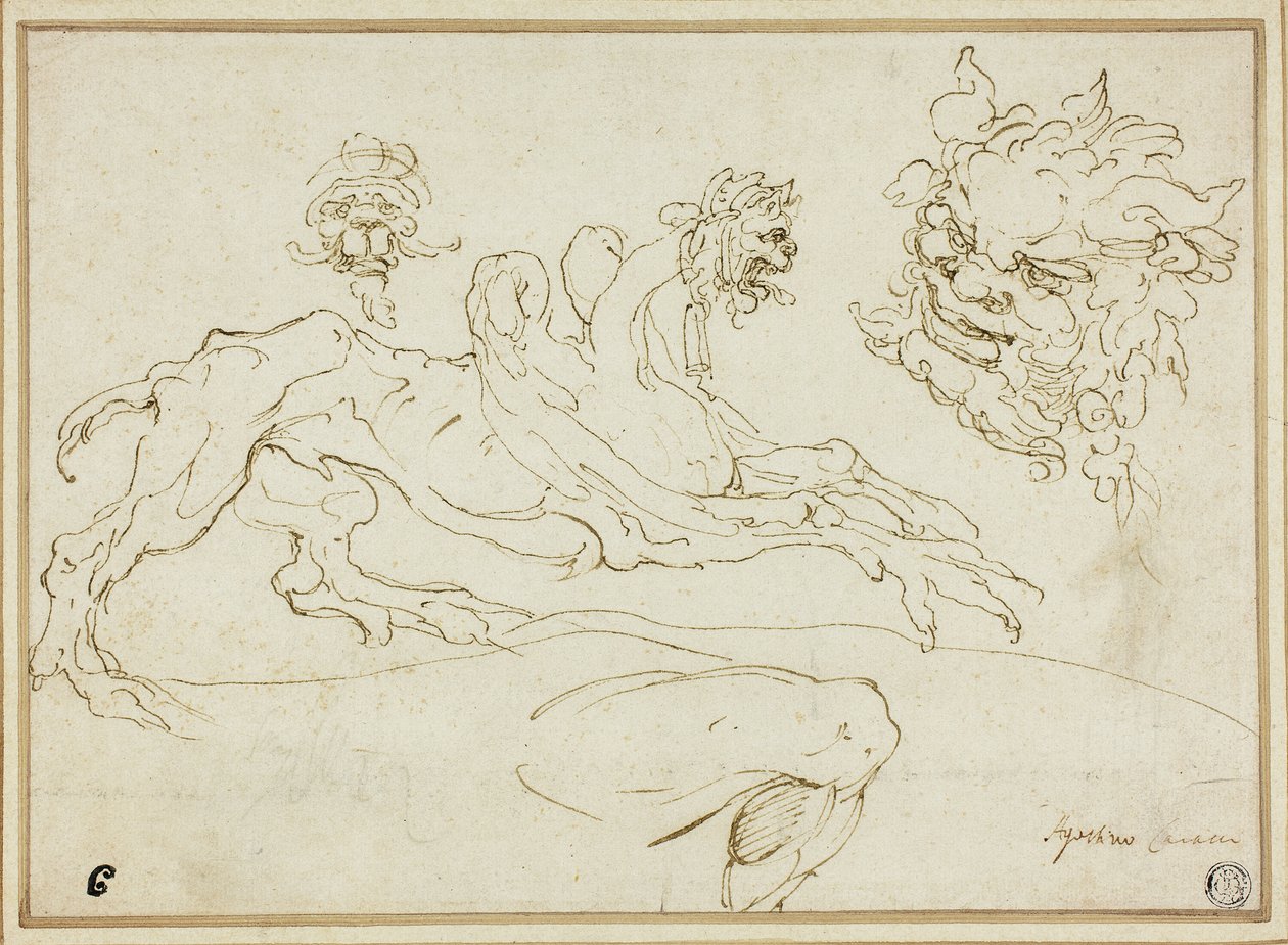 Quattro schizzi: Grifone, Testa grottesca, Testa di satiro, Gamba piegata da Agostino Carracci