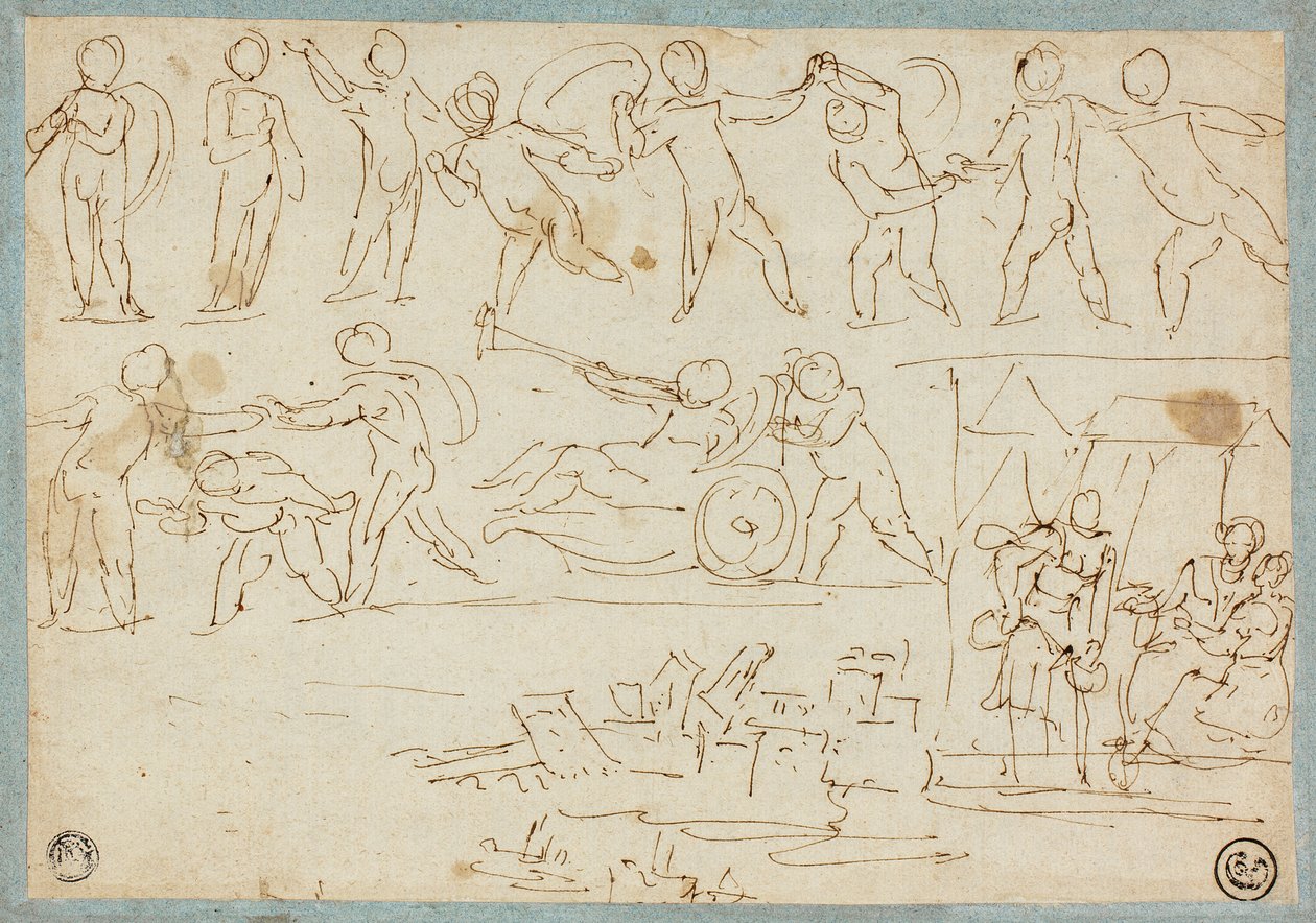 Fregio di putti, schizzo di Lot e le sue figlie, schizzo di edifici da Agostino Carracci