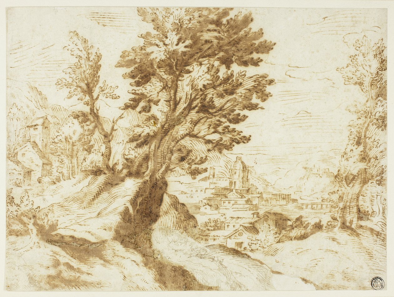 Paesaggio collinare con città in lontananza da Agostino Carracci