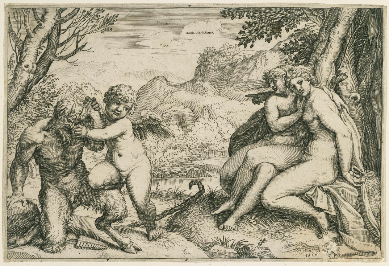 Omnia vincit Amor (Amore sconfigge Pan; a destra, due ninfe sotto un albero, in un paesaggio) da Agostino Carracci