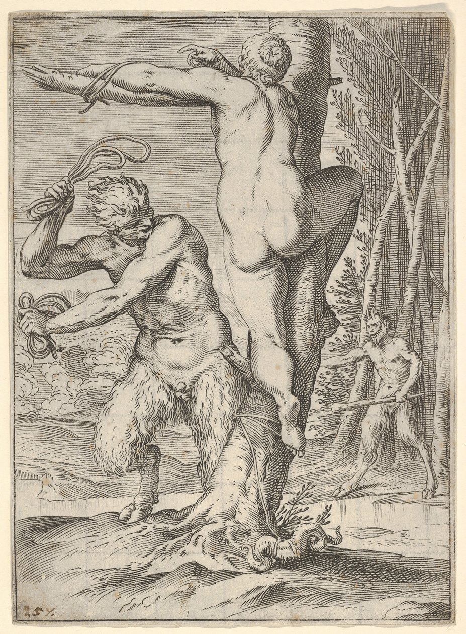 Satiro che frusta una ninfa, legata a un albero da Agostino Carracci