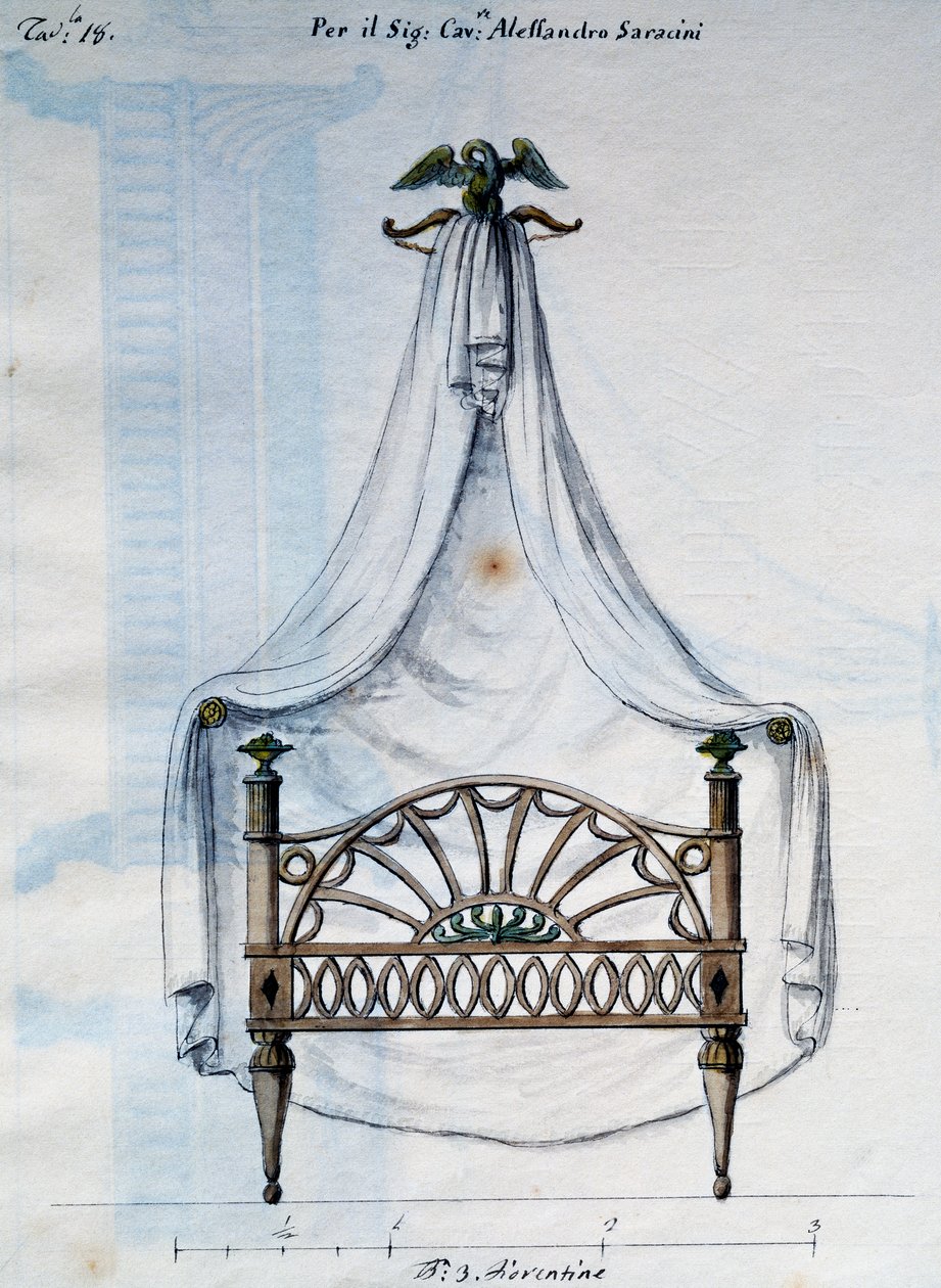 Letto a baldacchino per Alessandro Saraceni, da Lavori di falegname e fabbro ideati e disegnati da me Agostino Fantastici, manoscritto 3, tavola 18 (1782-1845) da Agostino Fantastici