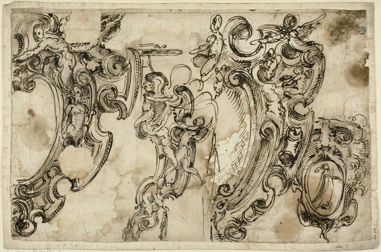 Schizzi di motivi decorativi (recto); schizzo di motivo decorativo (verso) da Agostino Mitelli