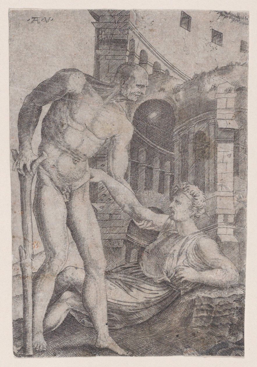 Un uomo che aiuta un altro ad alzarsi, ca. 1514-36 da Agostino Veneziano