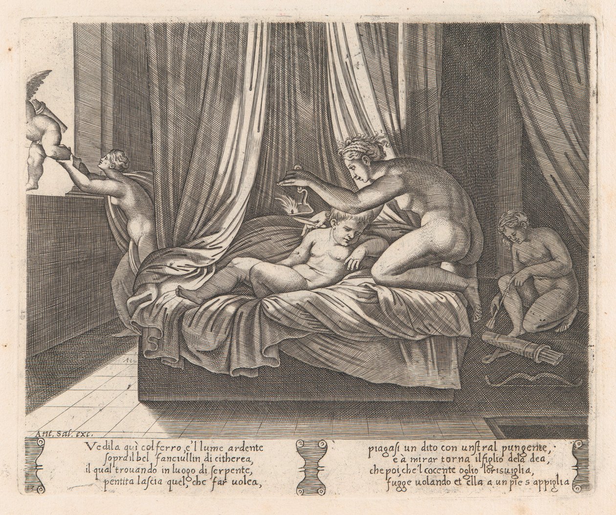 Tavola 13: Psiche guarda Cupido, dalla storia di Cupido e Psiche raccontata da Apuleio, 1530-60 da Agostino Veneziano