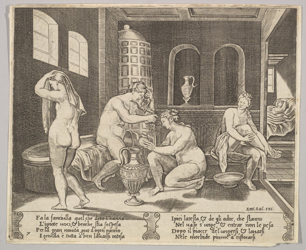 Piatto 7: Psiche assistita nel suo bagno da ninfe, sullo sfondo a destra Psiche repr..., ca. 1520-36 da Agostino Veneziano