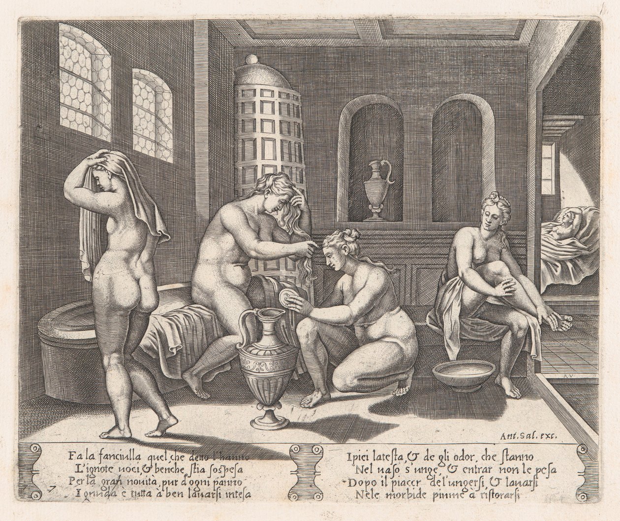 Tavola 7: Psiche assistita nel suo bagno, dalla Storia di Cupido e Psiche raccontata da Apuleio, 1530-60 da Agostino Veneziano