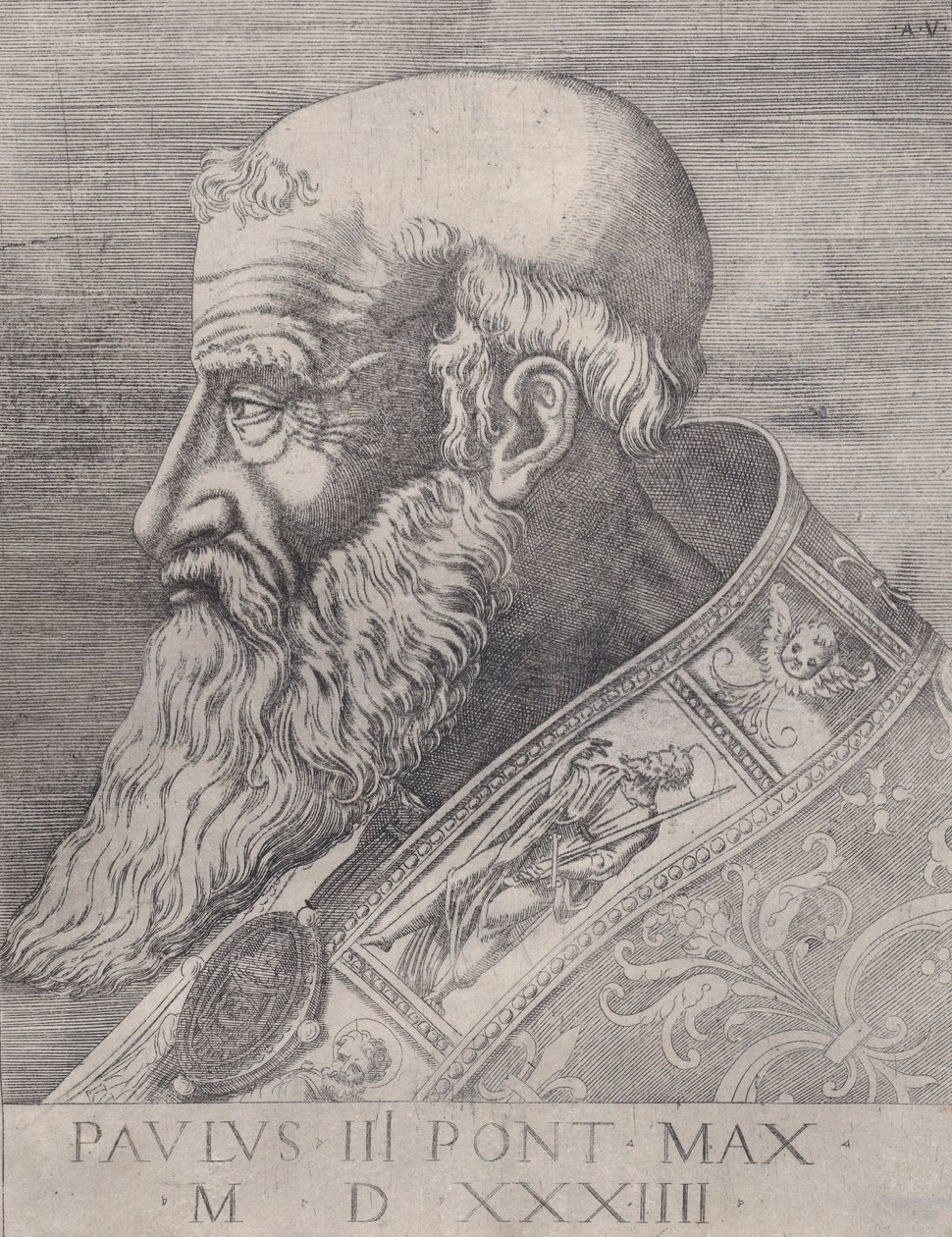 Papa Paolo III, a capo scoperto, datato 1534 da Agostino Veneziano