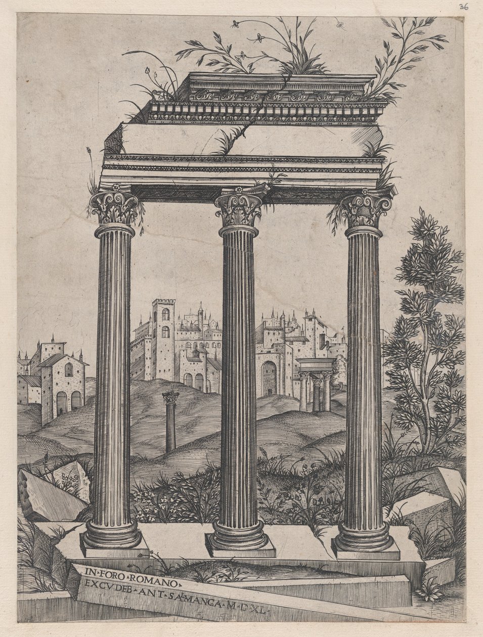 Speculum Romanae Magnificentiae: Tempio di Antonino e Faustina, XVI secolo da Agostino Veneziano.