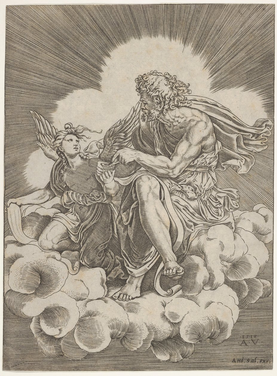 San Matteo, seduto su una nuvola e intingendo una penna in un calamaio tenuto da un angelo da Agostino Veneziano