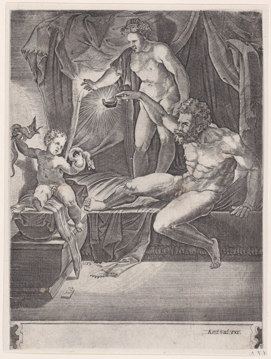 Il giovane Ercole nella sua culla, datato 1533 da Agostino Veneziano