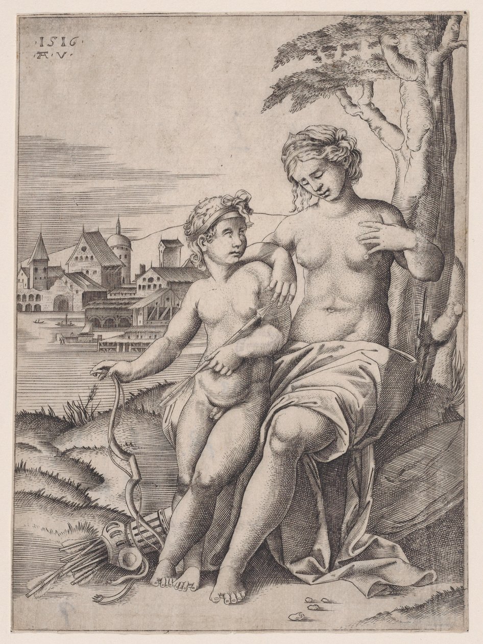 Venere e Eros, datato 1516 da Agostino Veneziano