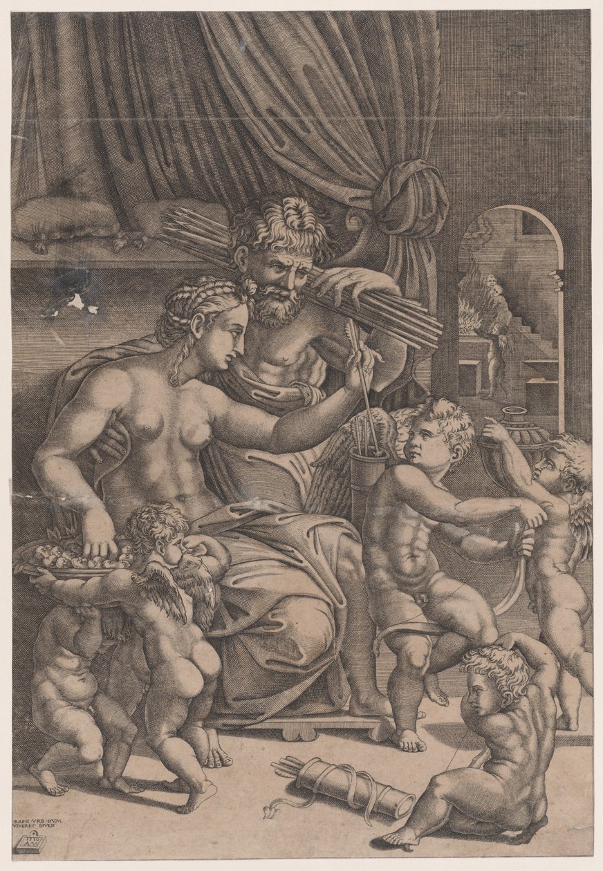 Venere e Vulcano circondati da Cupidi, datato 1530 da Agostino Veneziano