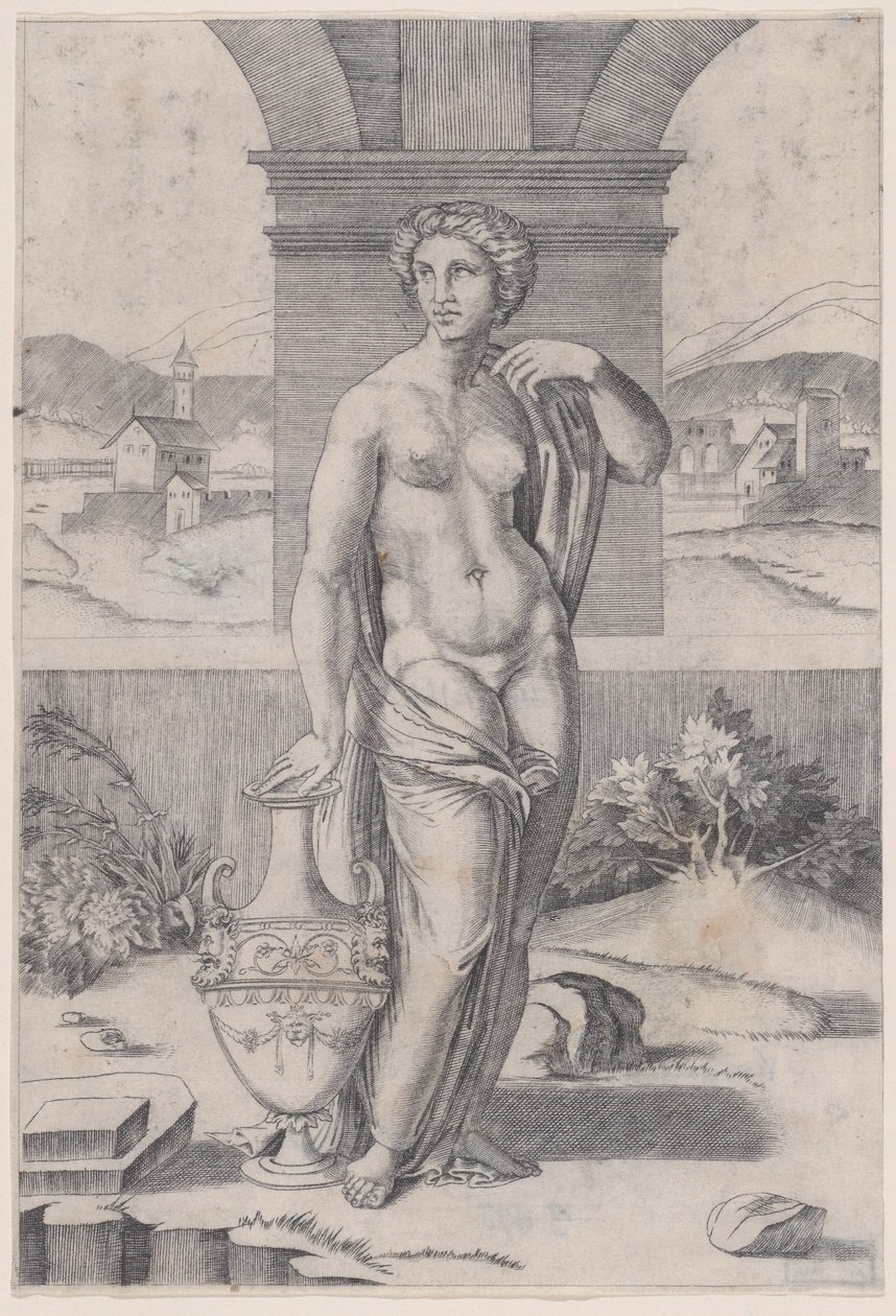 Donna in piedi vicino a un vaso da Agostino Veneziano