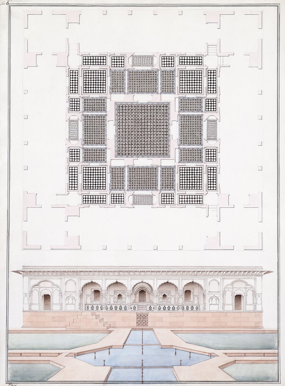 Elevazione del fronte sud e del Palazzo del Giardino del Suraj Bhawan a Dig, c.1830 da Agra School