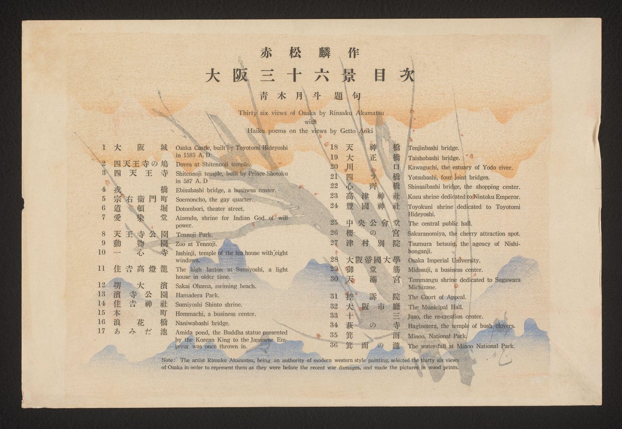 Indice Thirty six views of Osaka by Rinsaku Akamatsu with Haiku poems on the views by Getto Aoki (titolo sull