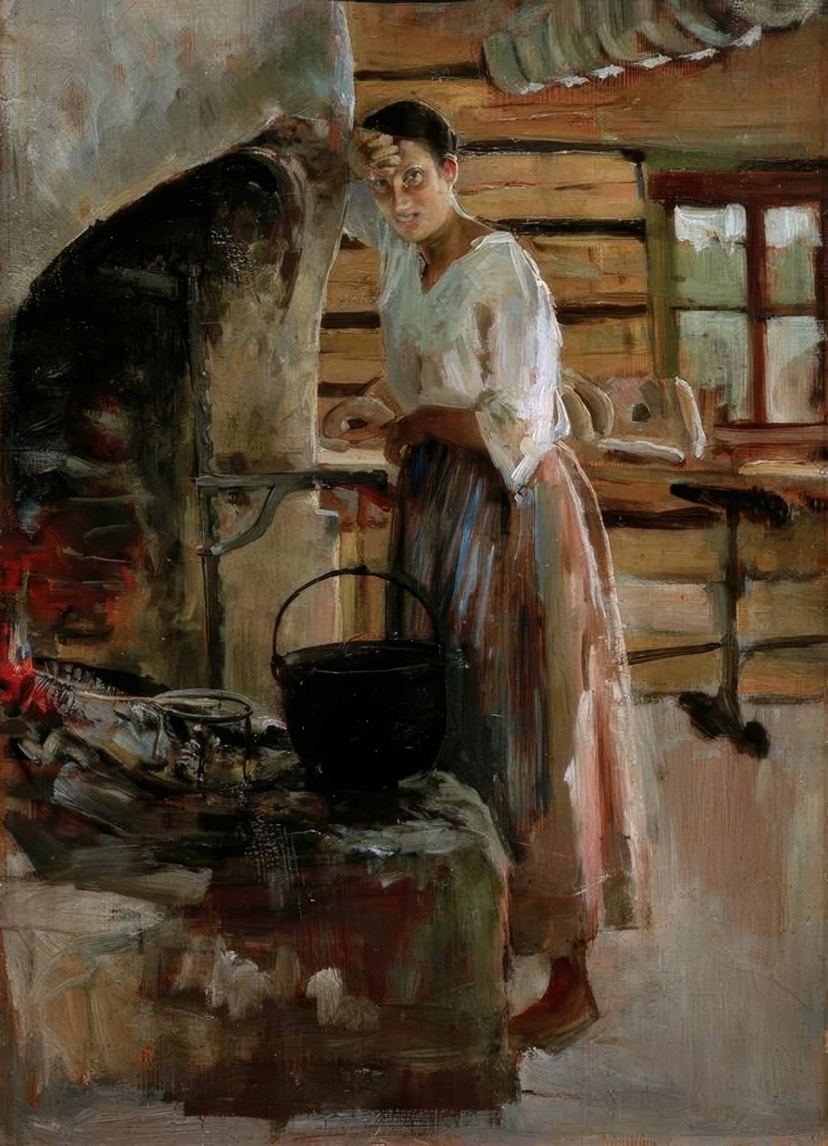Donna che cucina coregoni da Akseli Valdemar Gallen Kallela