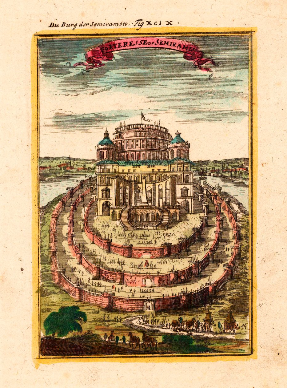 La fortezza e i giardini pensili della regina leggendaria Semiramide a Babilonia - Incisione su rame e acquerello di Alain Manesson Mallet da Alain Manesson Mallet