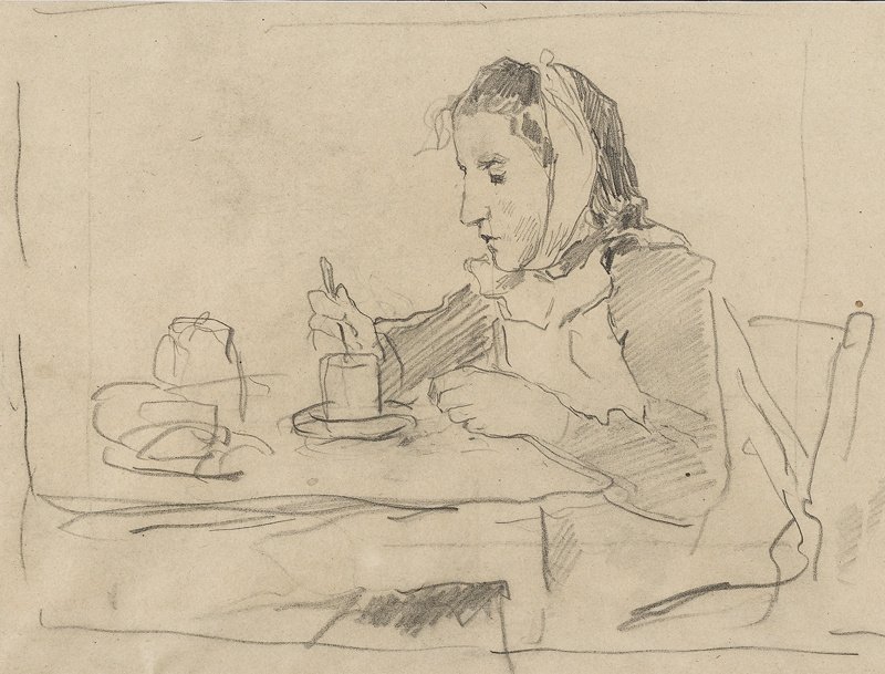 Ragazza seduta al tavolo con tazza da Albert Anker