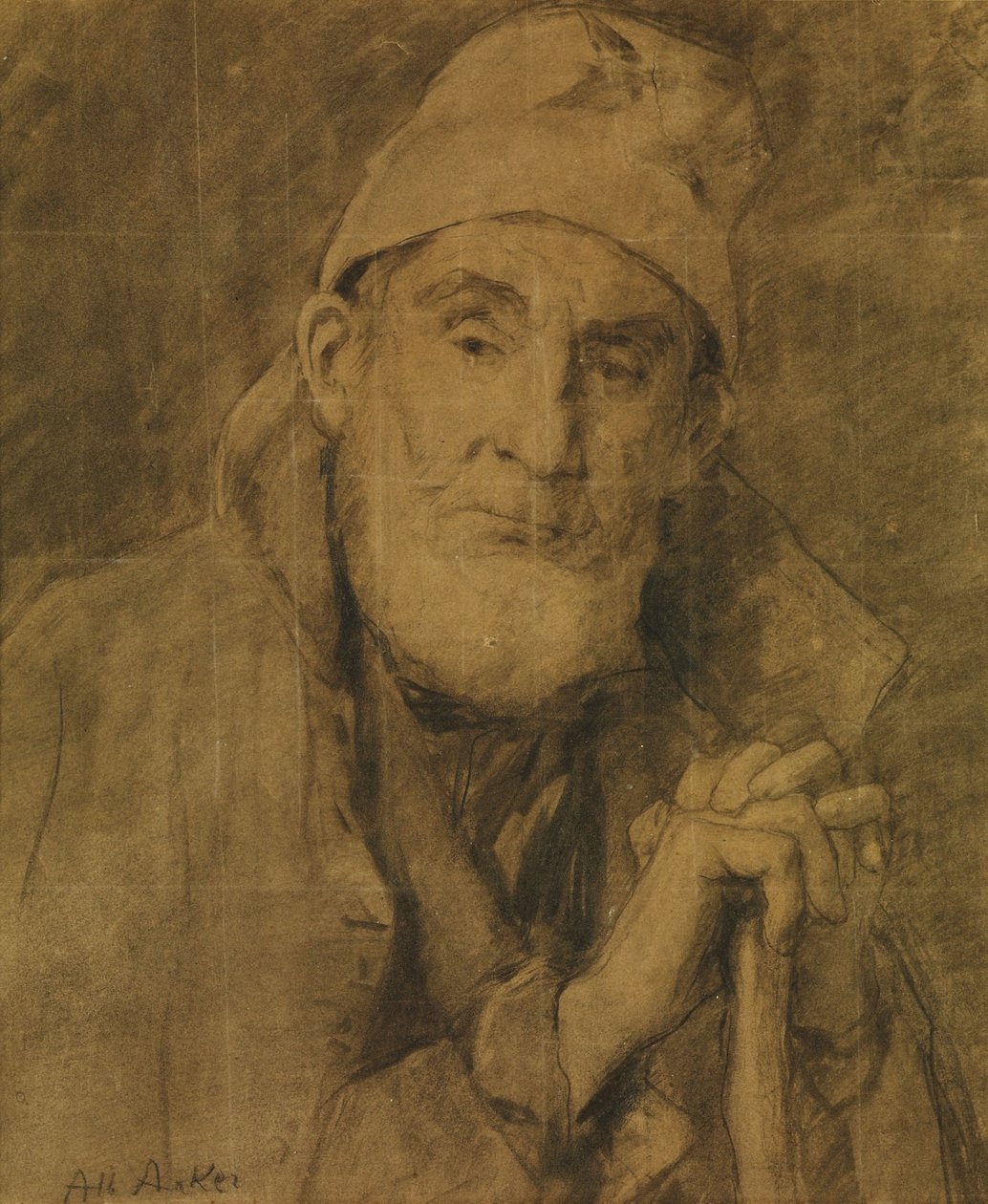 Il vecchio Feissli con bastone e cappello da Albert Anker