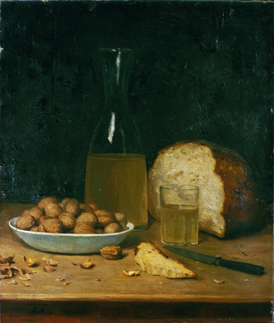 Vino bianco nuovo e noci da Albert Anker