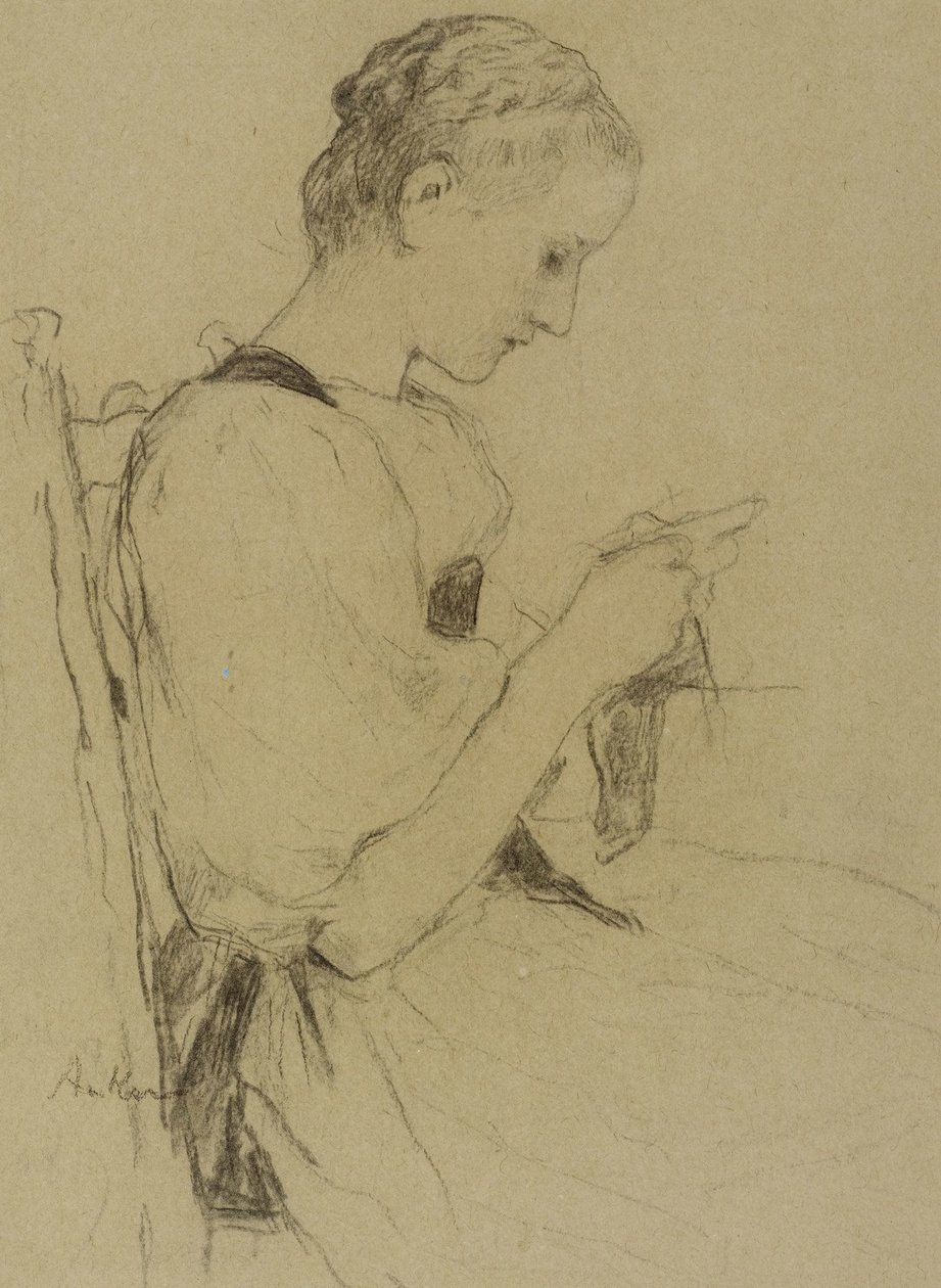 Ragazza seduta che fa la maglia da Albert Anker